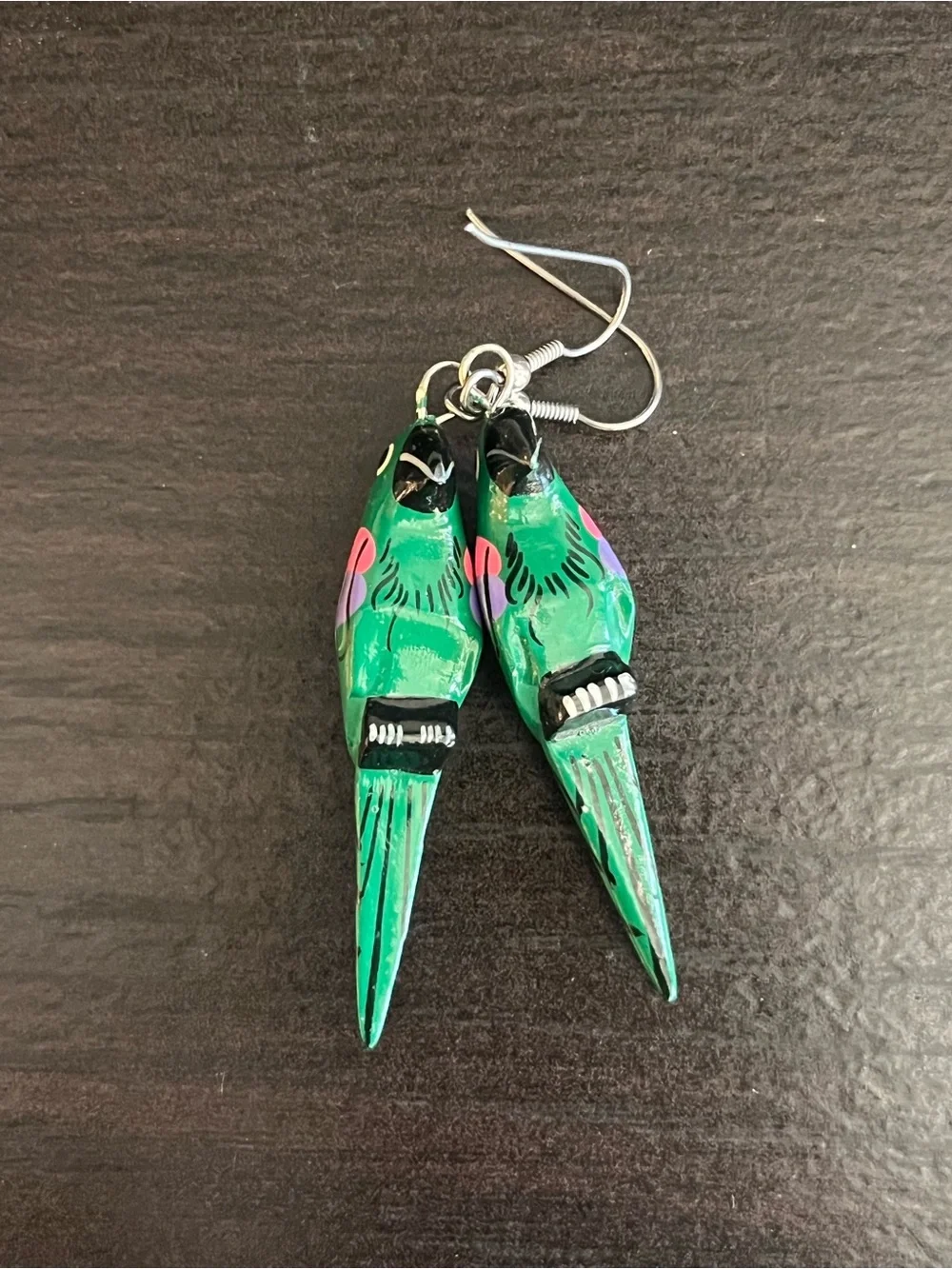 Green Parrot Bird Earrings with Pink & Purple Accents